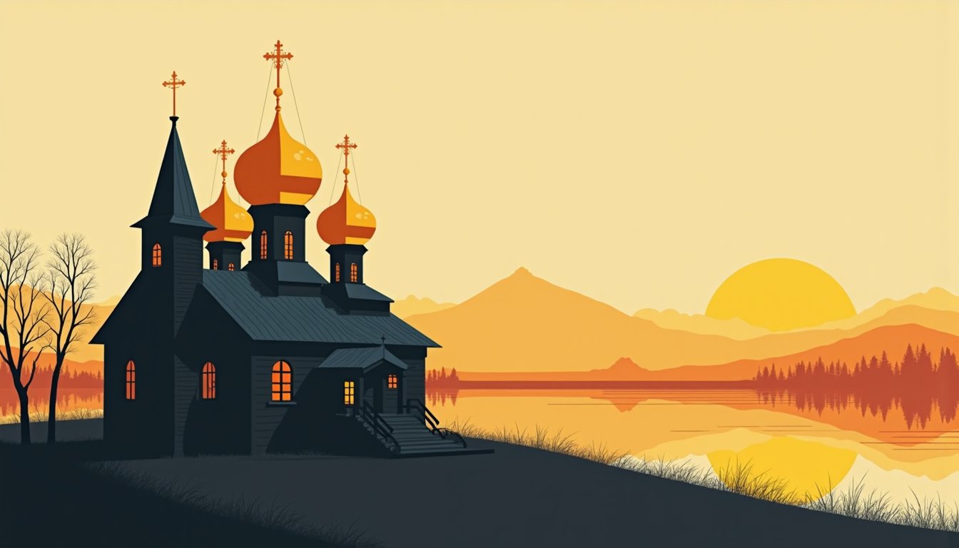 Russian landscape and women's candid views on age gap, mid-century illustration