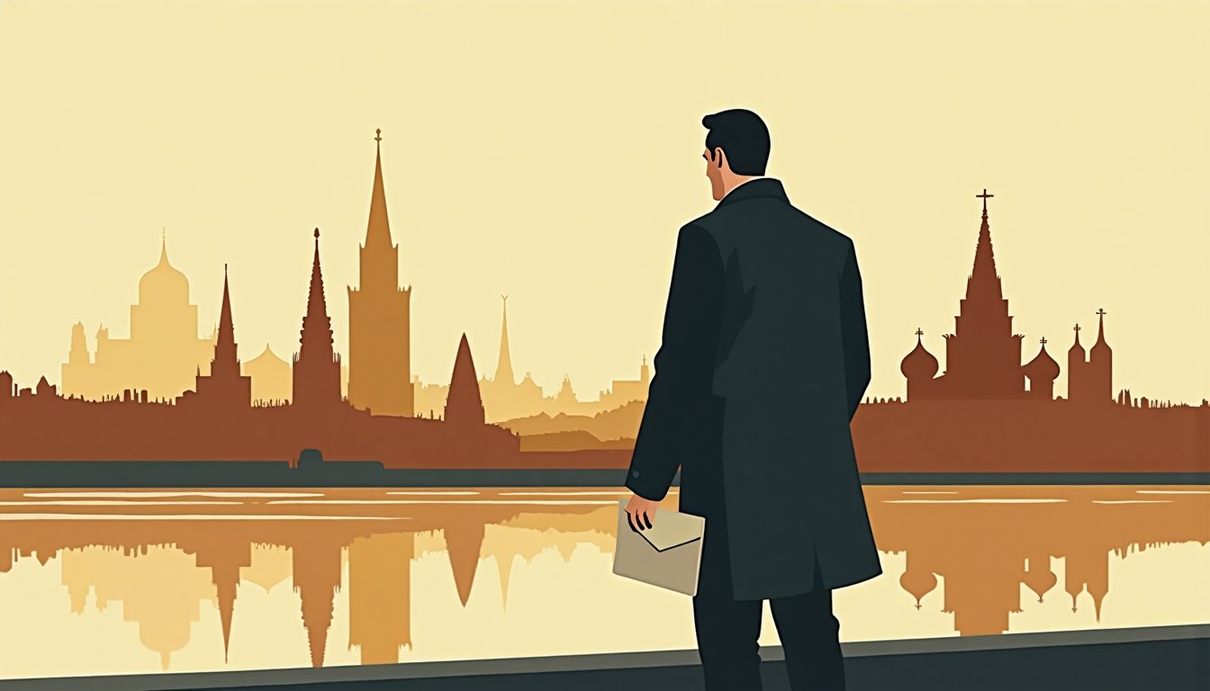 Homme de dos face aux tours de Moscou au crépuscule