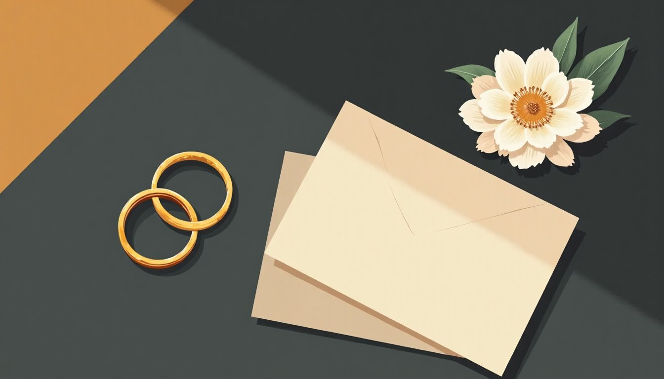 Deux alliances dorées et une pivoine blanche sur une table