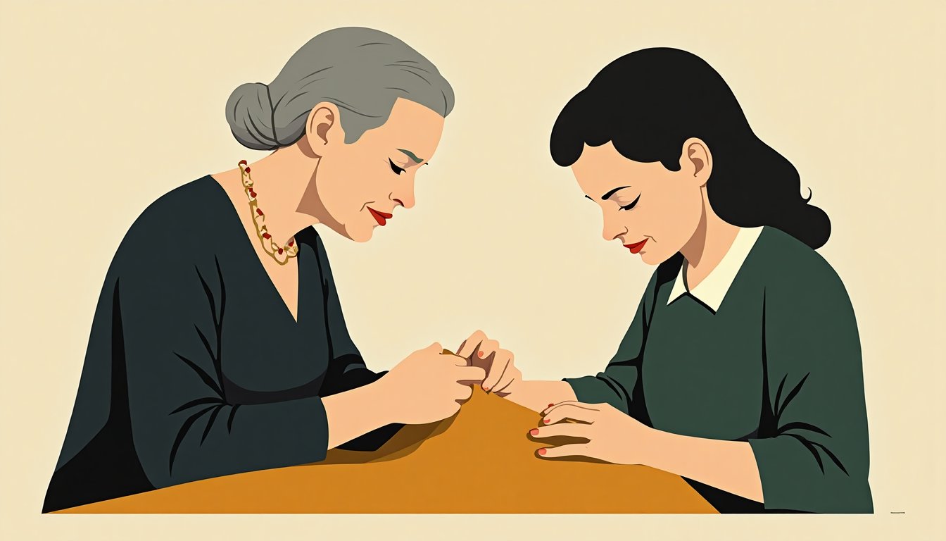 Mains d'une grand-mère apprenant à broder à une fillette