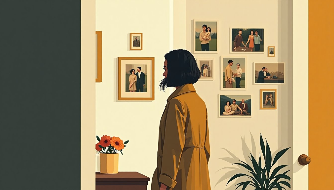Mur de photos de famille dans un couloir