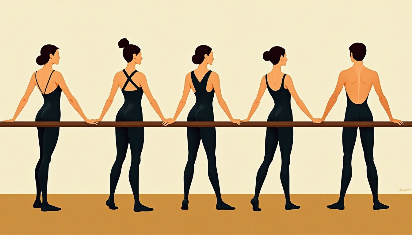 Cours de danse à la barre, cinq silhouettes alignées