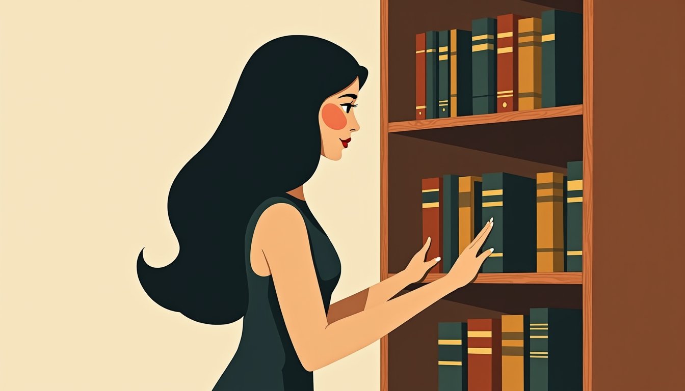 Couple complice où l'homme écoute avec humilité, illustration mid-century