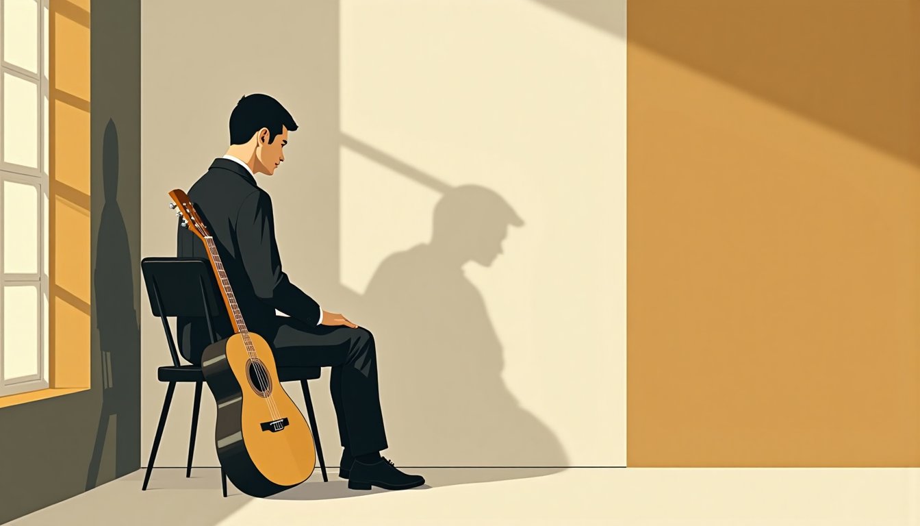 Guitare appuyée contre une chaise dans une pièce vide