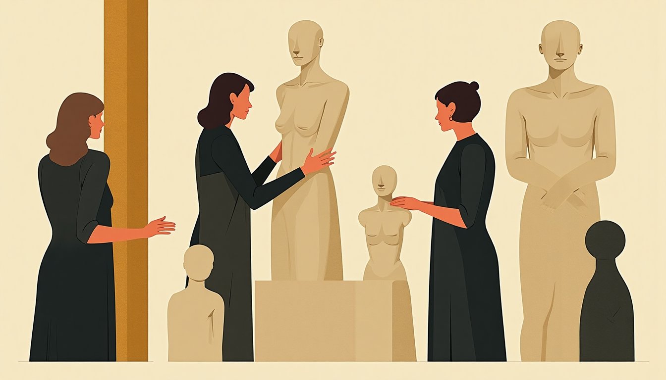 Atelier de sculpture, femme tournant autour d'une figure