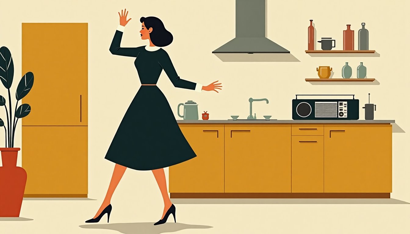 Femme dansant seule dans sa cuisine, radio allumée