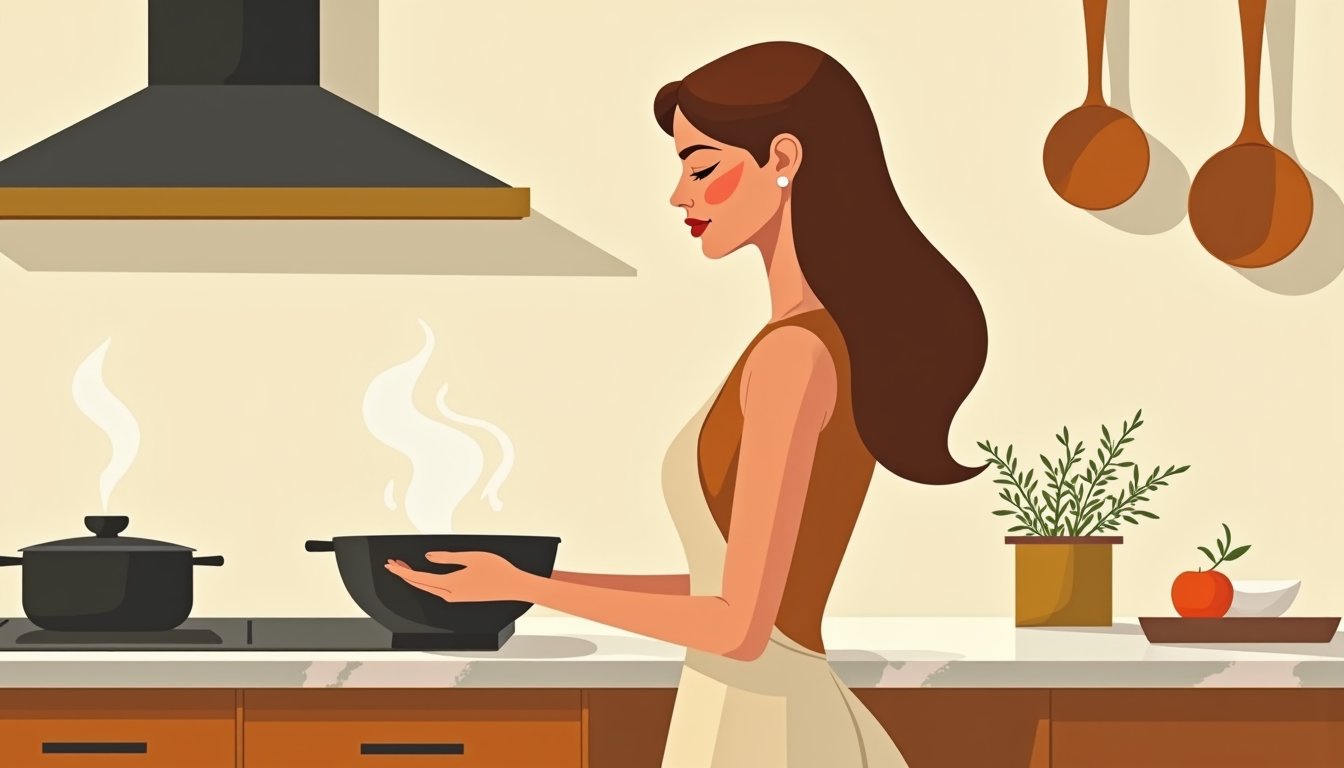 Femme slave respirant le parfum d'un plat qu'elle vient de préparer, illustrant la cuisine comme acte intime en Russie