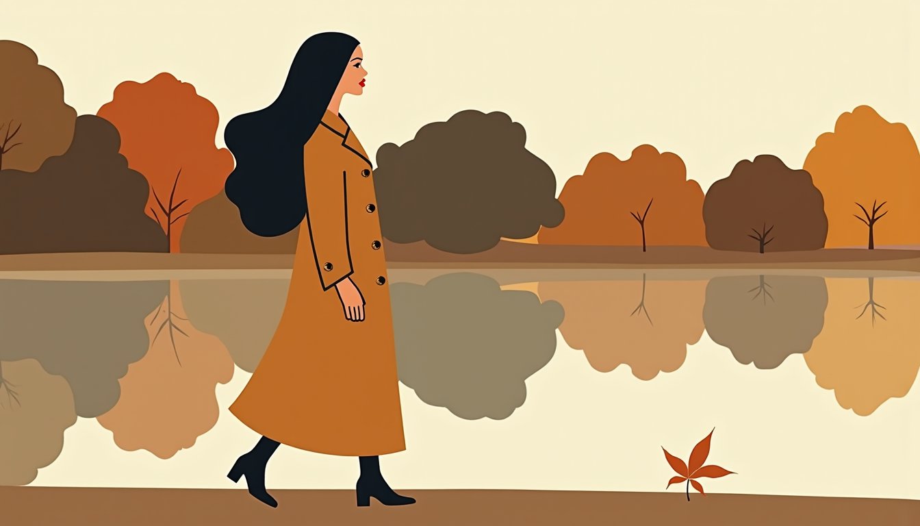 Femme slave marchant dans un parc d'automne, illustrant un parcours serein grâce à un accompagnement structuré