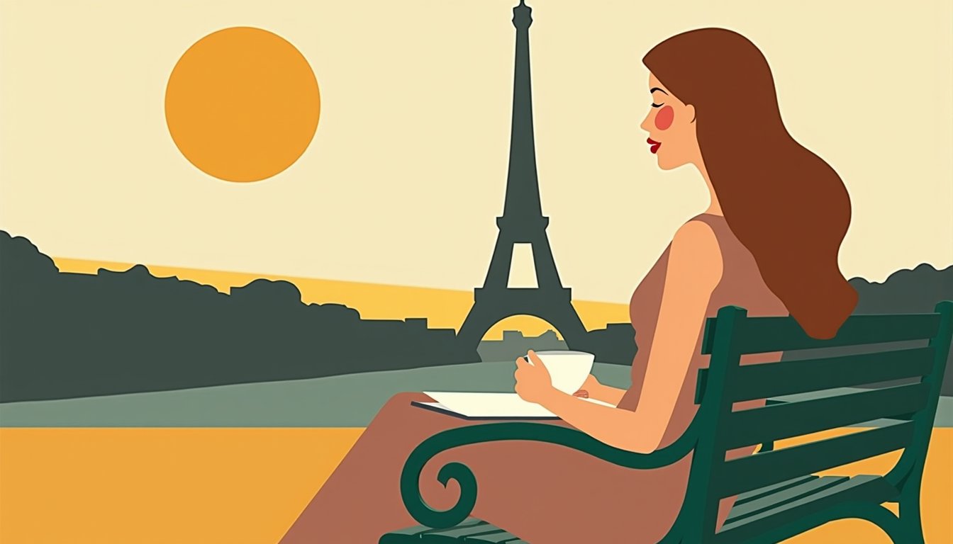 Young Slavic woman in a park facing the Eiffel Tower, illustrating the settling of a Russian wife in Western Europe