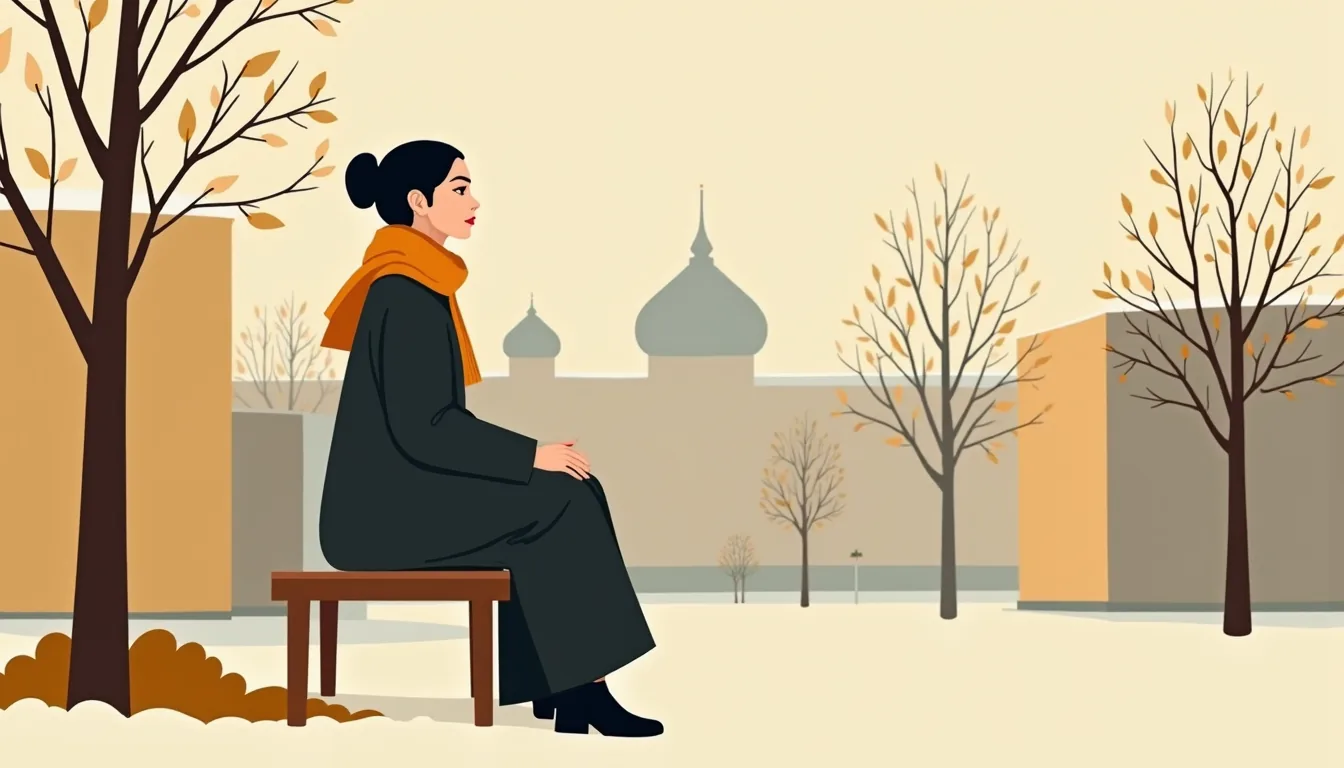 Femme assise sur un banc dans un square russe en fin d'automne