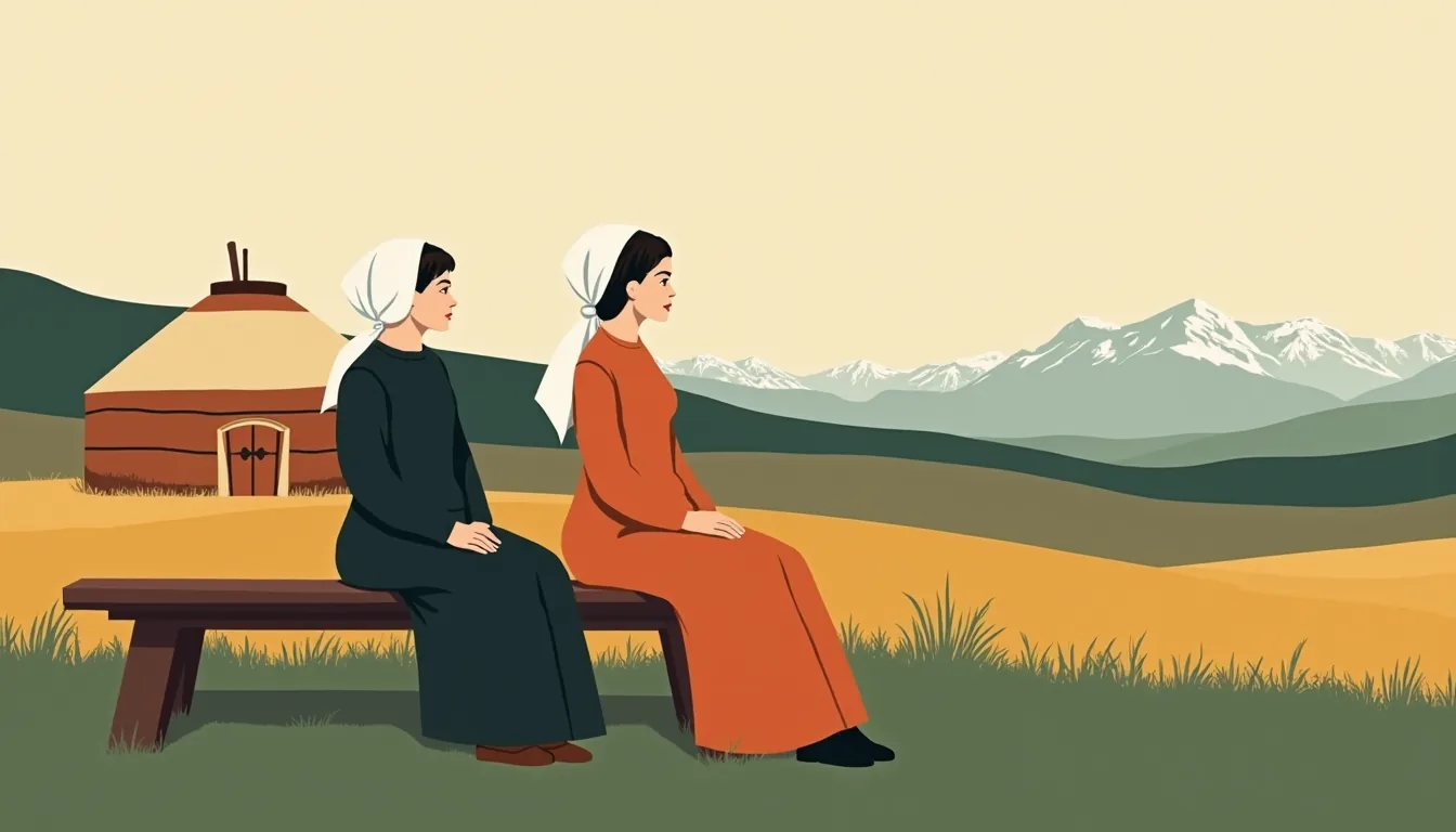 Deux générations de femmes assises devant une yourte, montagnes au fond
