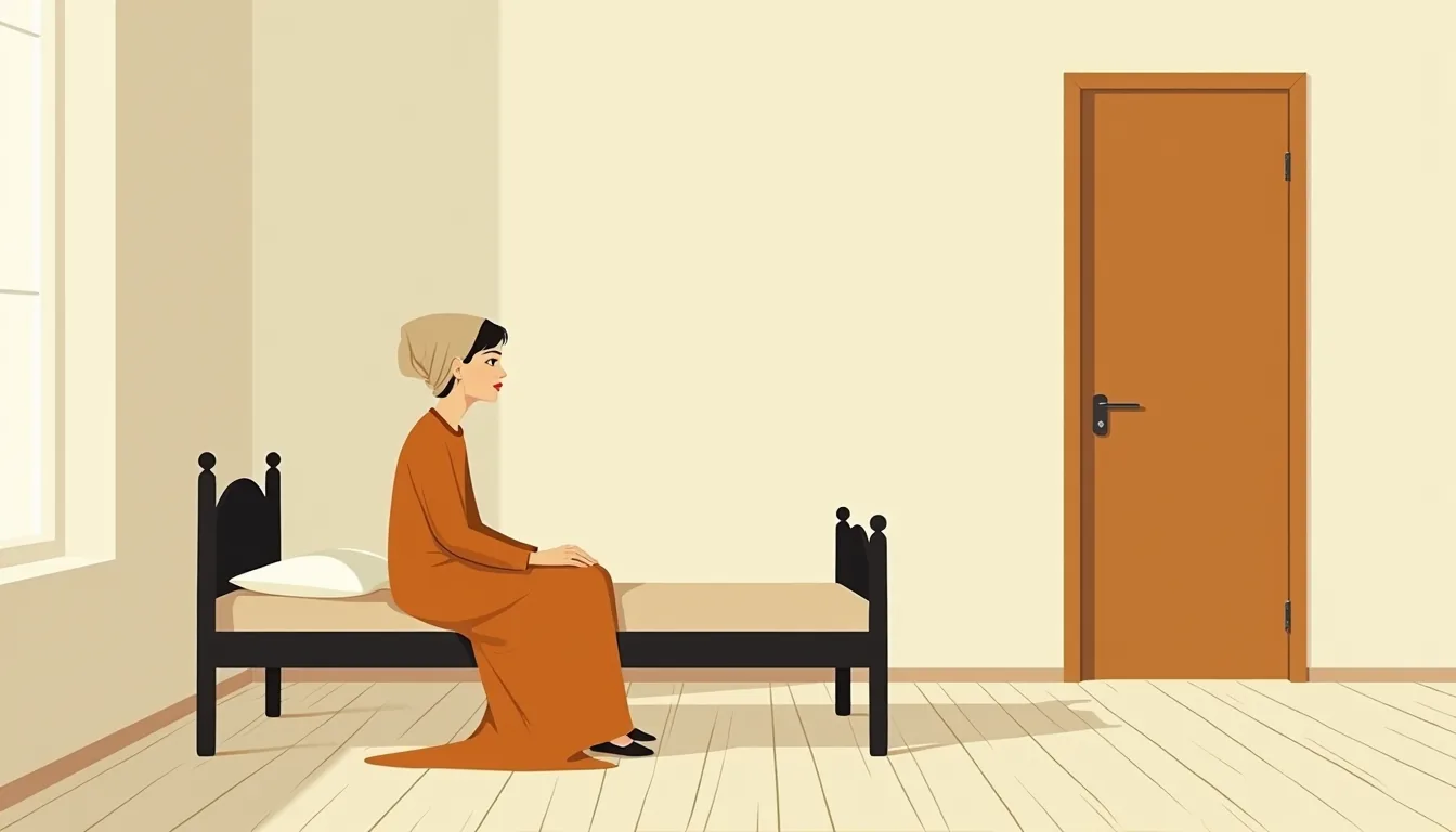Jeune femme assise seule au bord d'un lit dans une chambre nue