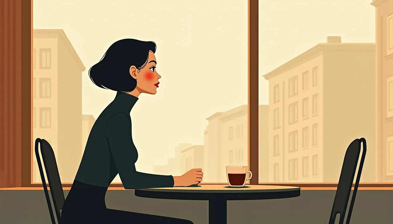 Femme seule à la table d'un café de Bichkek, rue derrière la vitre