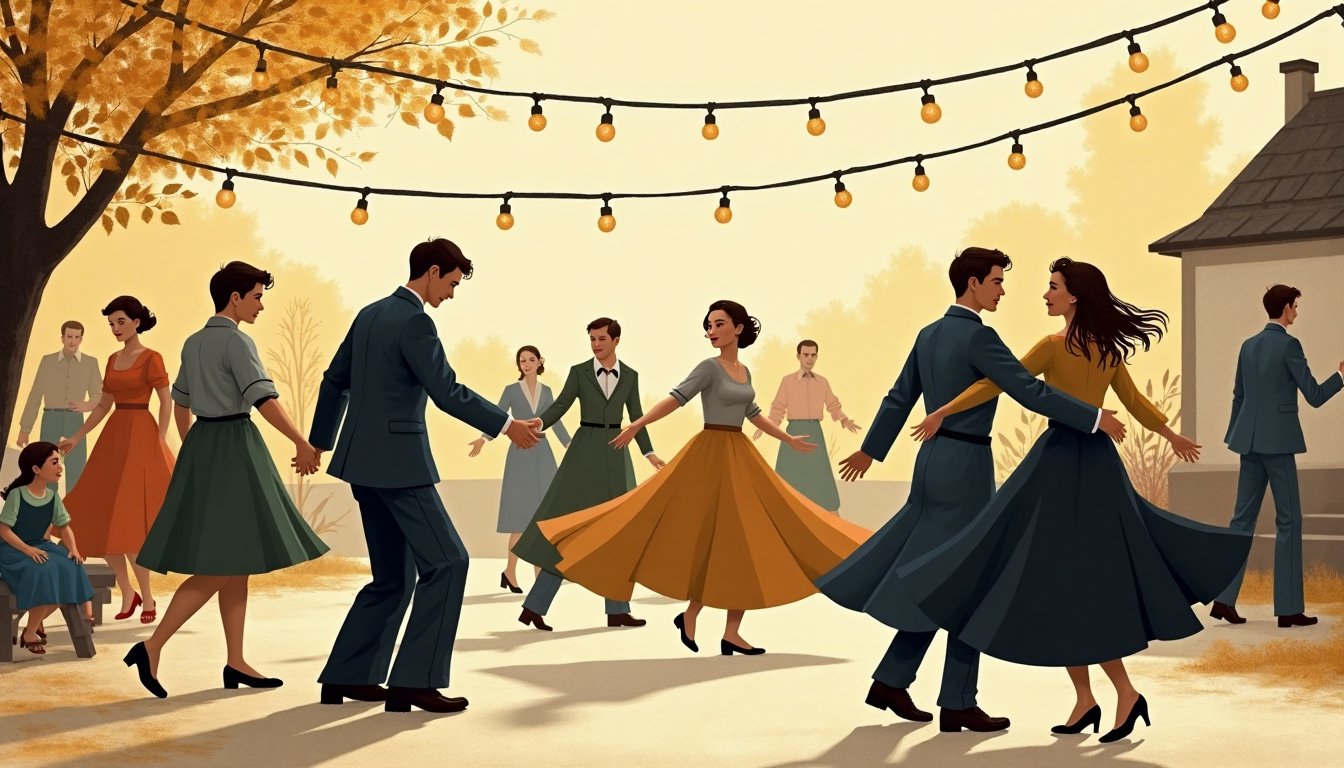 A village dance under strings of lights