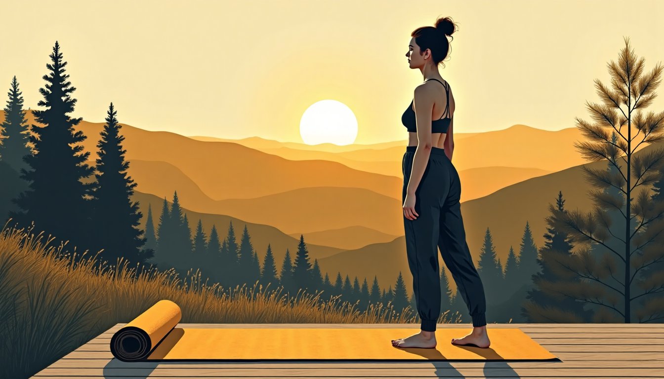 A yoga mat unrolled on a wooden terrace at sunrise