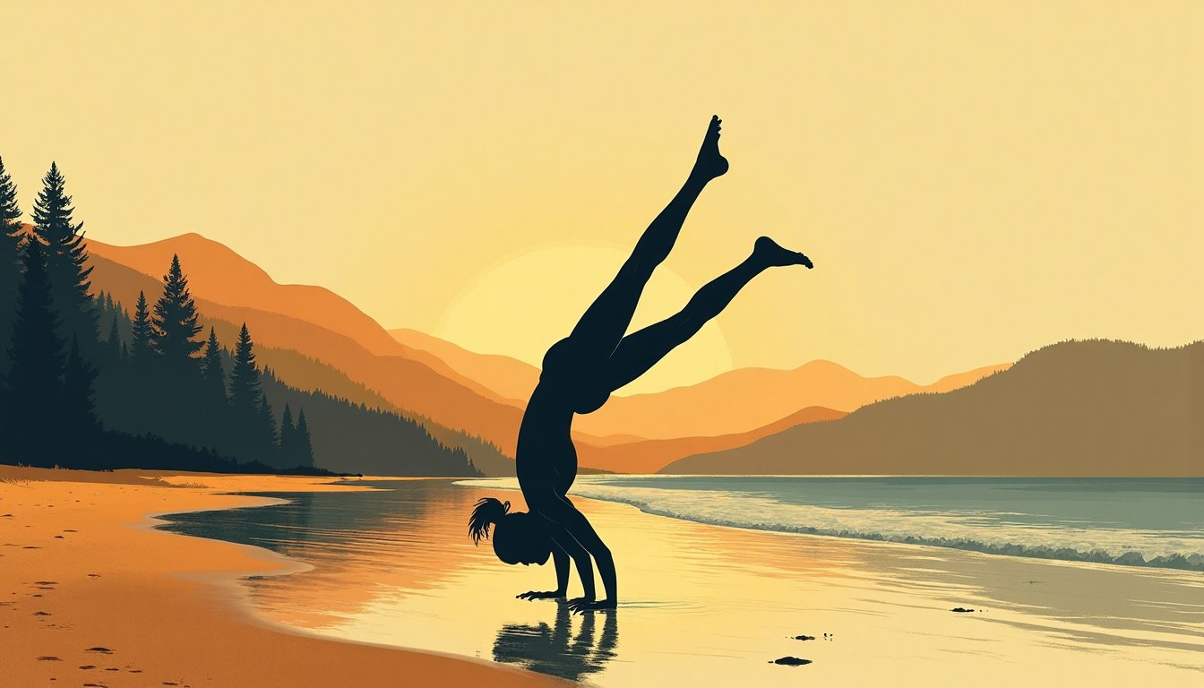 A woman doing a handstand on a beach at sunset