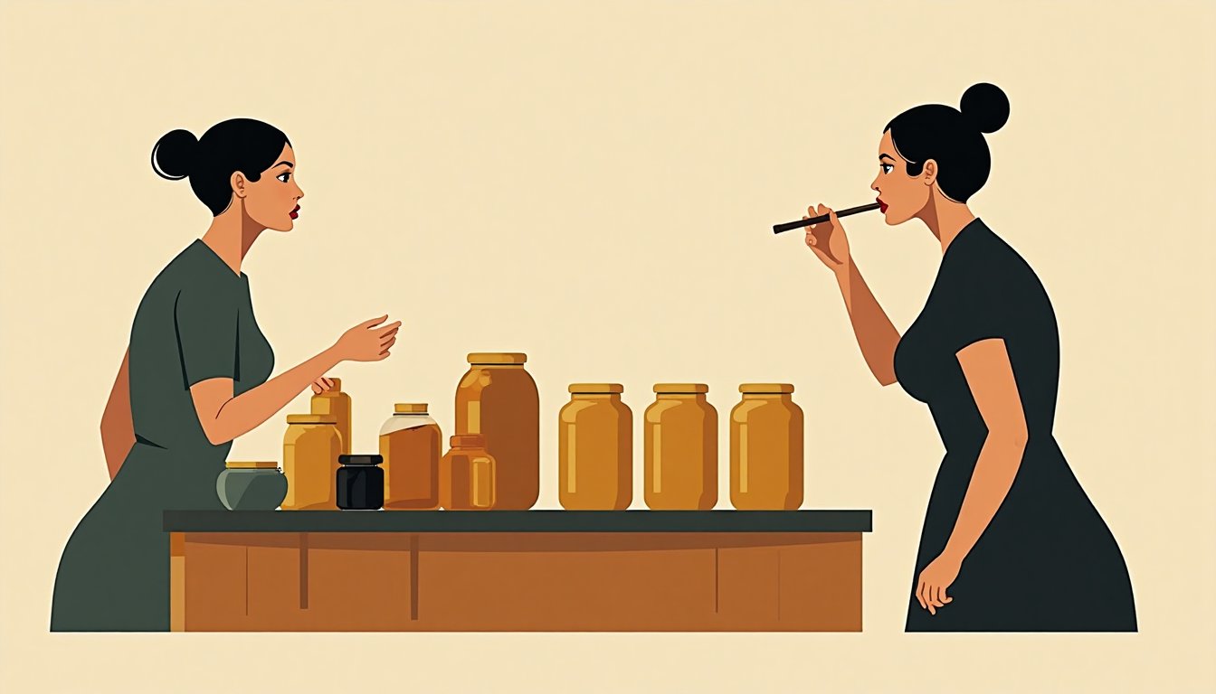 A honey stall with rows of jars