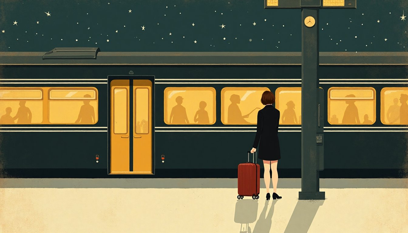 Иллюстрация в стиле середины века: женщина на ночном перроне, рядом один чемодан
