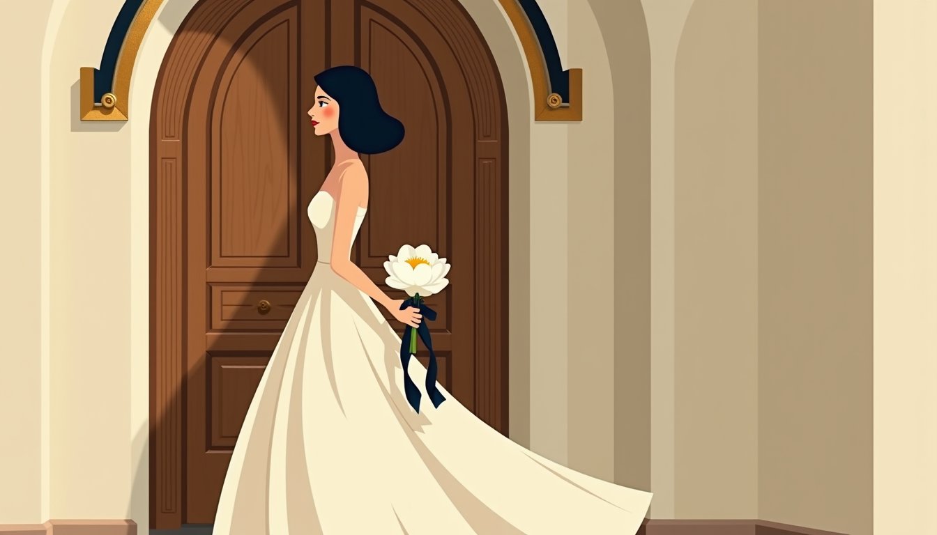 Mariée russe face au choix du pays de célébration, illustration mid-century