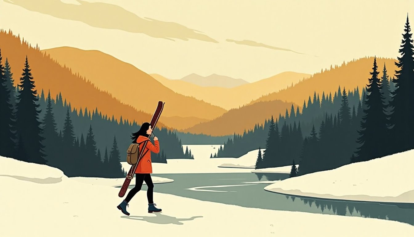 A woman carrying skis over her shoulder across a snowy car park