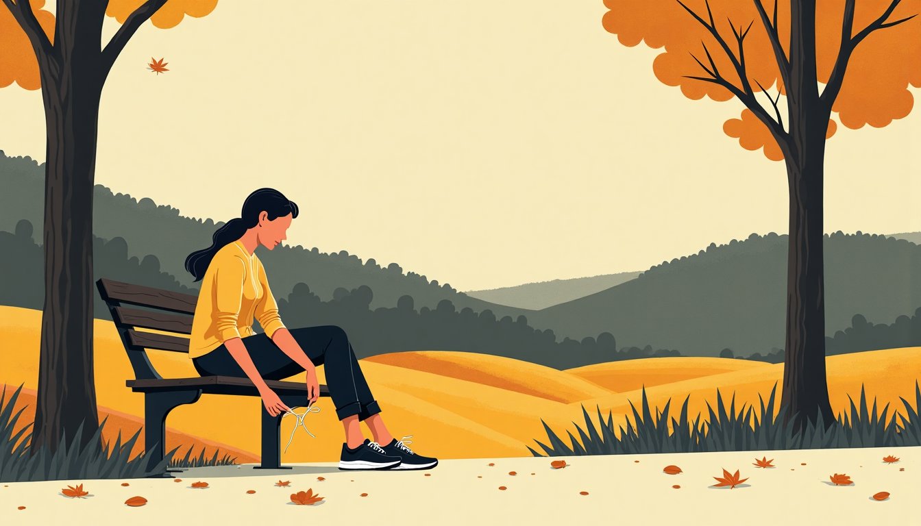 A woman lacing running shoes on a park bench