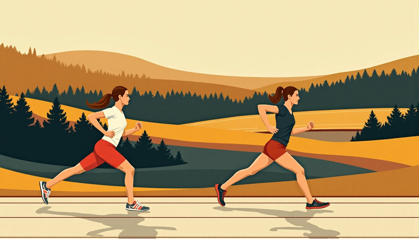 Two women stretching after a run on a stadium track
