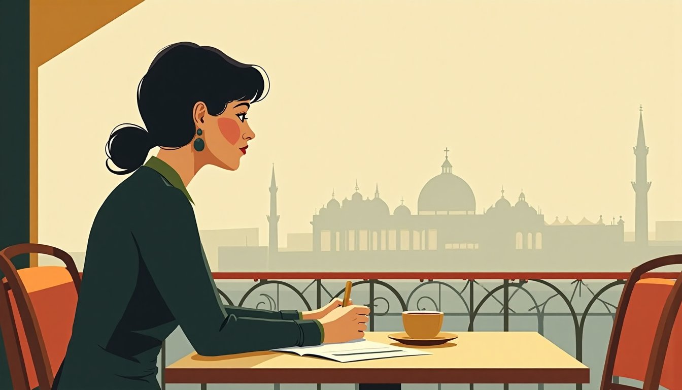 A woman writing a postcard at a café table abroad