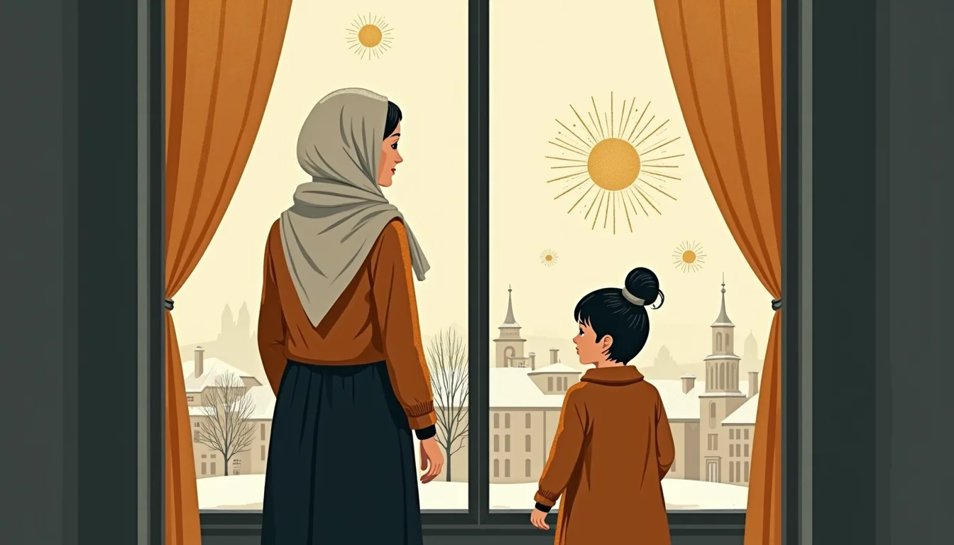 Femme au foulard et fillette regardant les feux d'artifice à la fenêtre