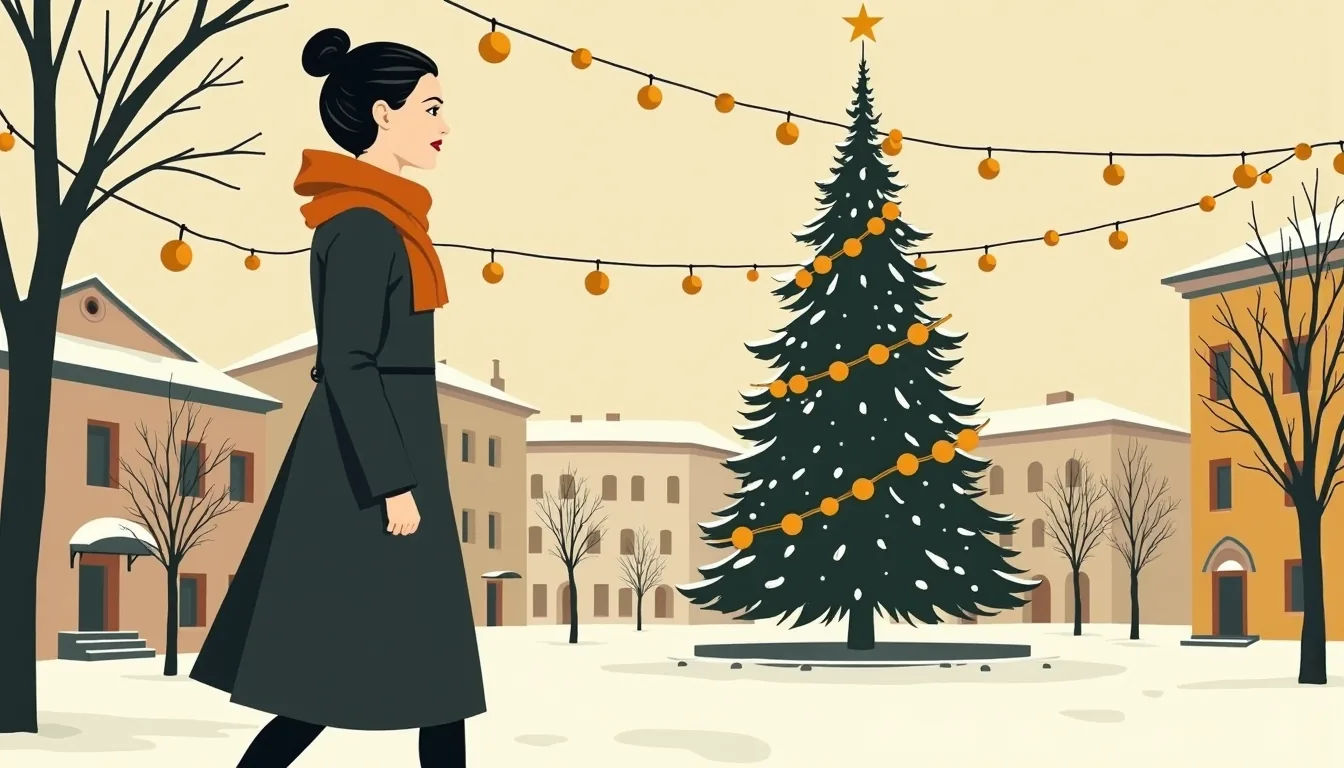 Femme traversant une place enneigée devant le sapin municipal