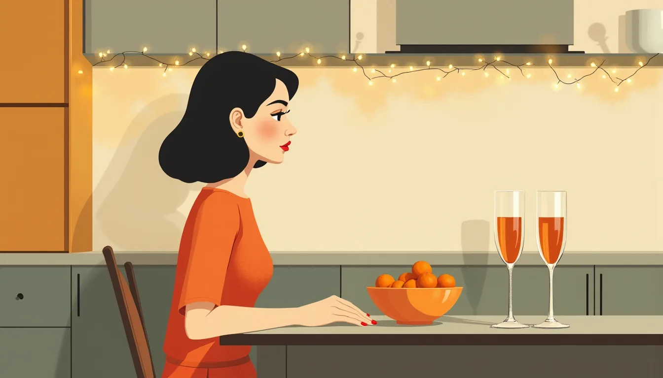 Jeune femme attablée devant mandarines et coupes de champagne