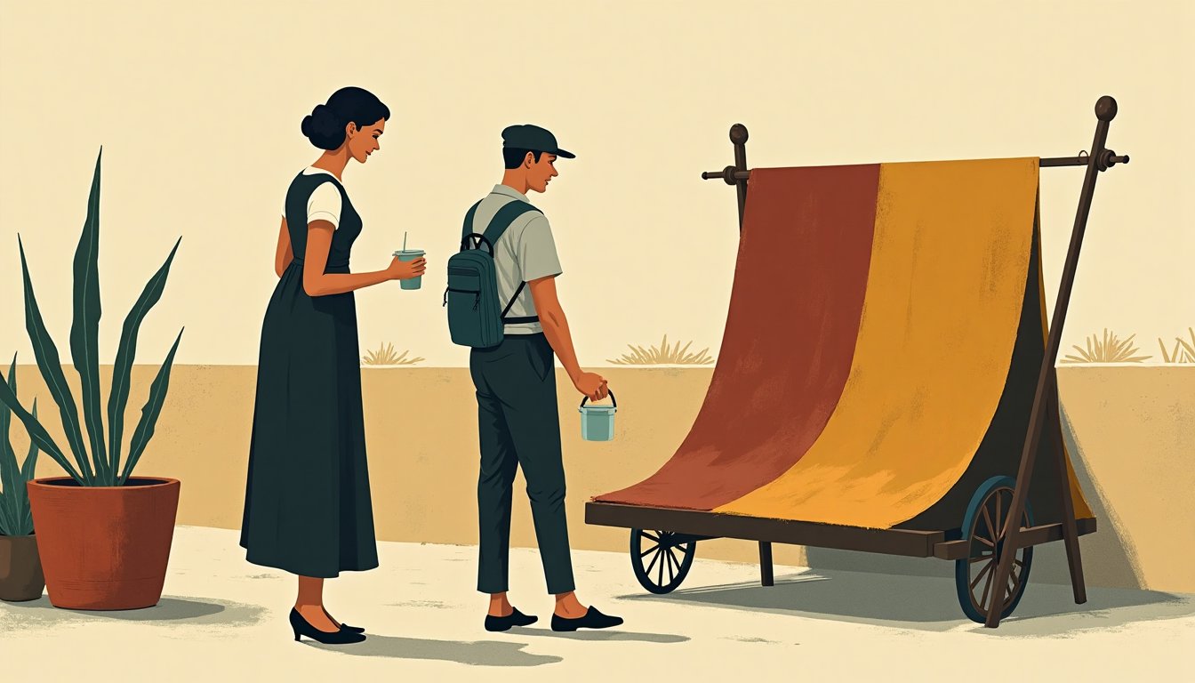 A woman haggling with a vendor over a rug