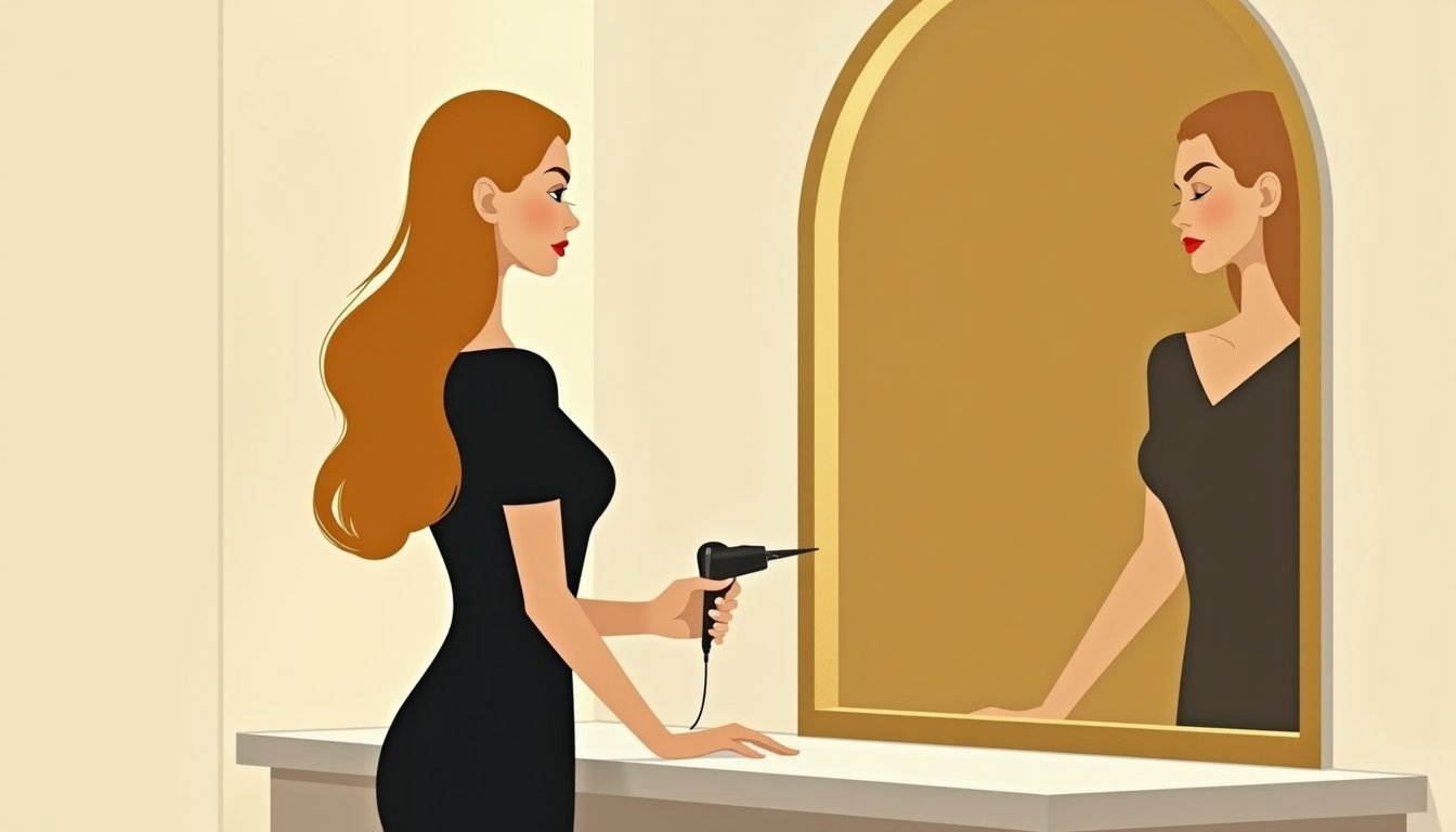 Femme russe sereine dans son cadre de vie à Moscou, illustration mid-century