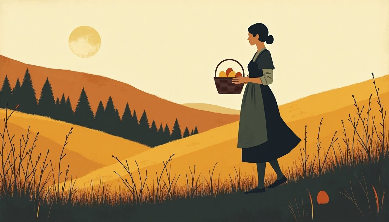 A woman collecting eggs in an apron held out as a basket