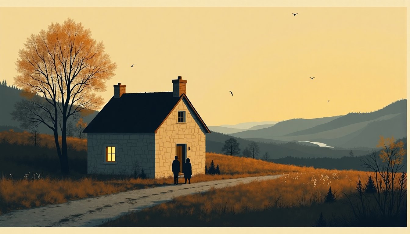 A stone farmhouse at dusk