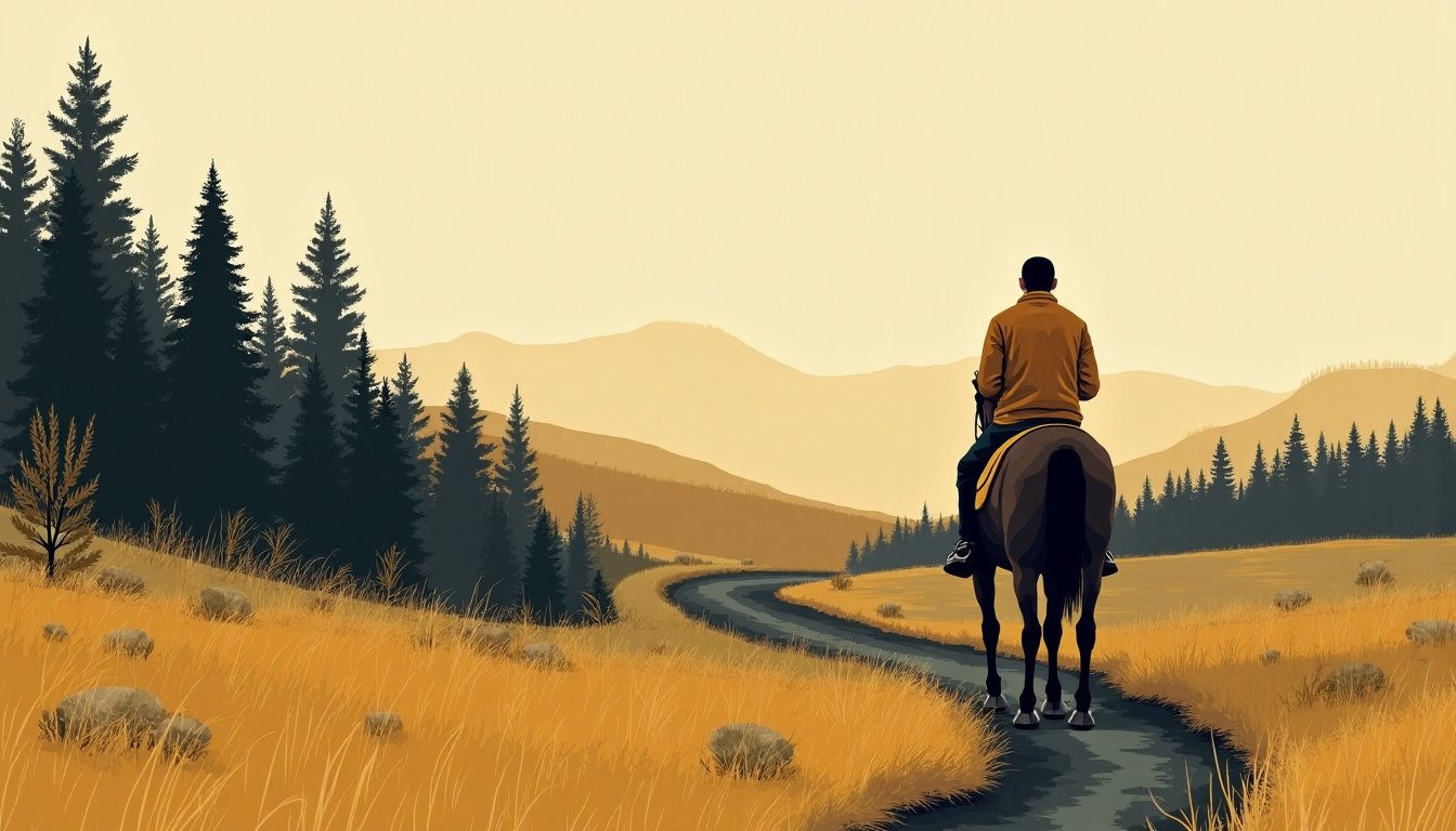 A horse and rider at a walk along a forest track