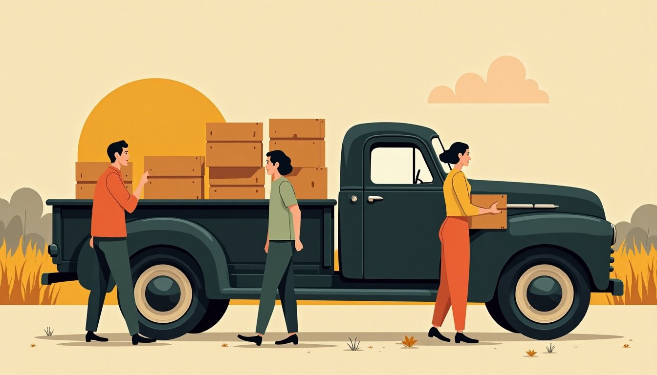 A farmers' truck unloading crates at dawn