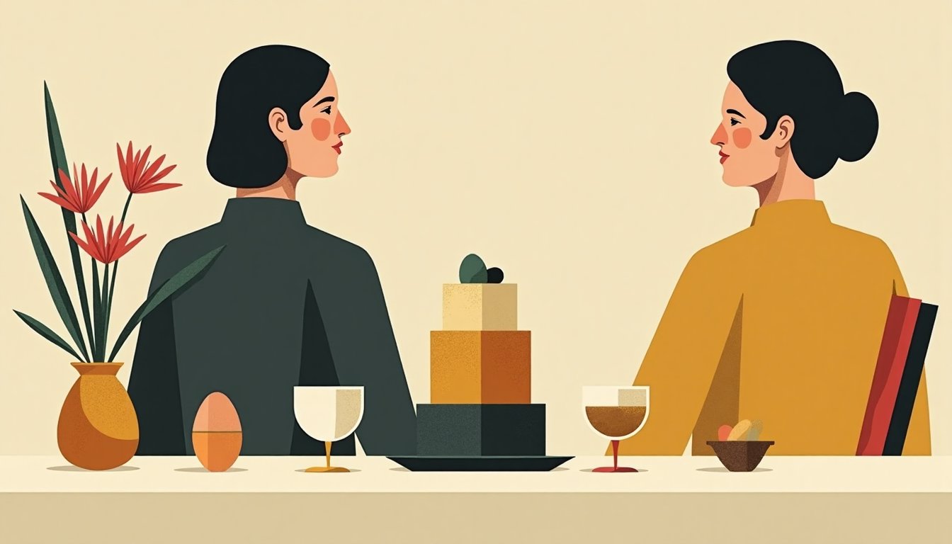 An Easter table with painted eggs and a tall cake