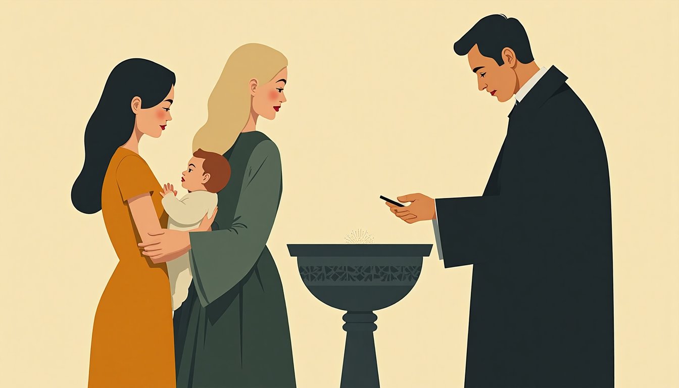 A christening: a woman holding a baby near a font