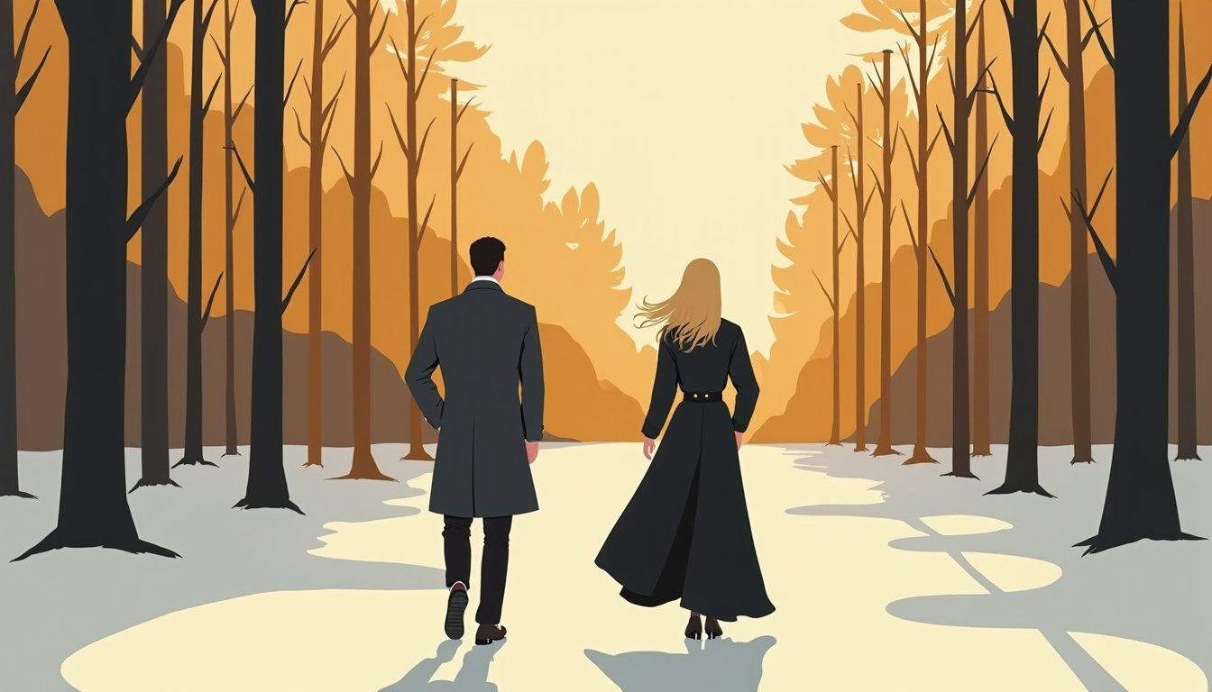 couple formed by choosing a new path abroad, mid-century illustration