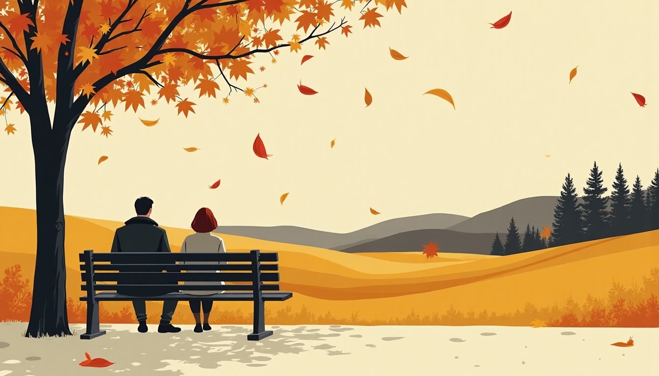 An autumn park bench under falling leaves